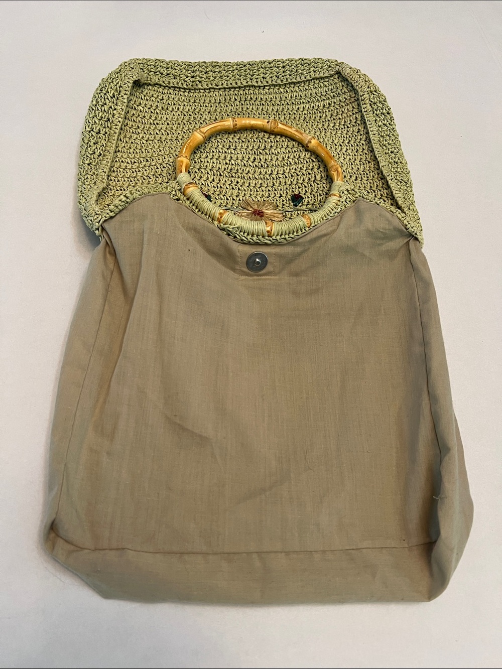 SCALA GAL Y2K GREEN WOVEN TWINE WITH FLOWERS WITH BAMBOO HANDLES BAG PURSE - Picture 12 of 12